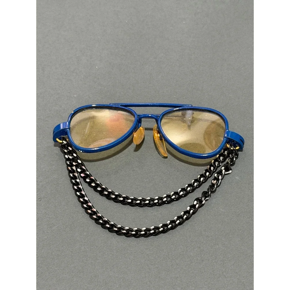 Vintage Aviator Sunglasses Brooch Blue Metal Retro Novelty Pin Dangle Chain